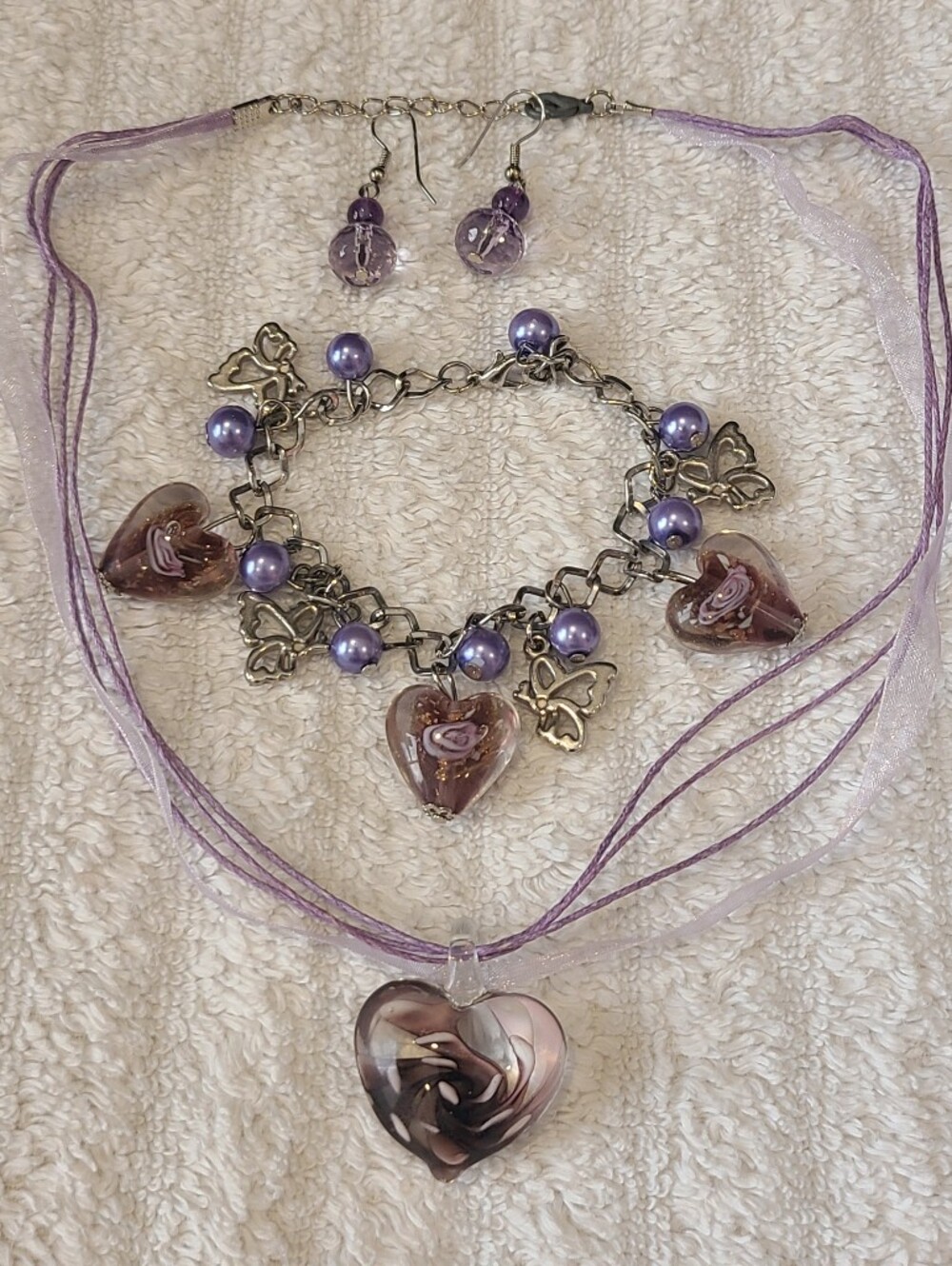 3 PIECES SET!! Blown Glass Purple Heart Charm Necklace, Bracelet and Earrings